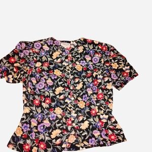 Vintage 90s Stuart Alan Petites Floral Satin Blouse - Size 10(SM)  - Pearlescent